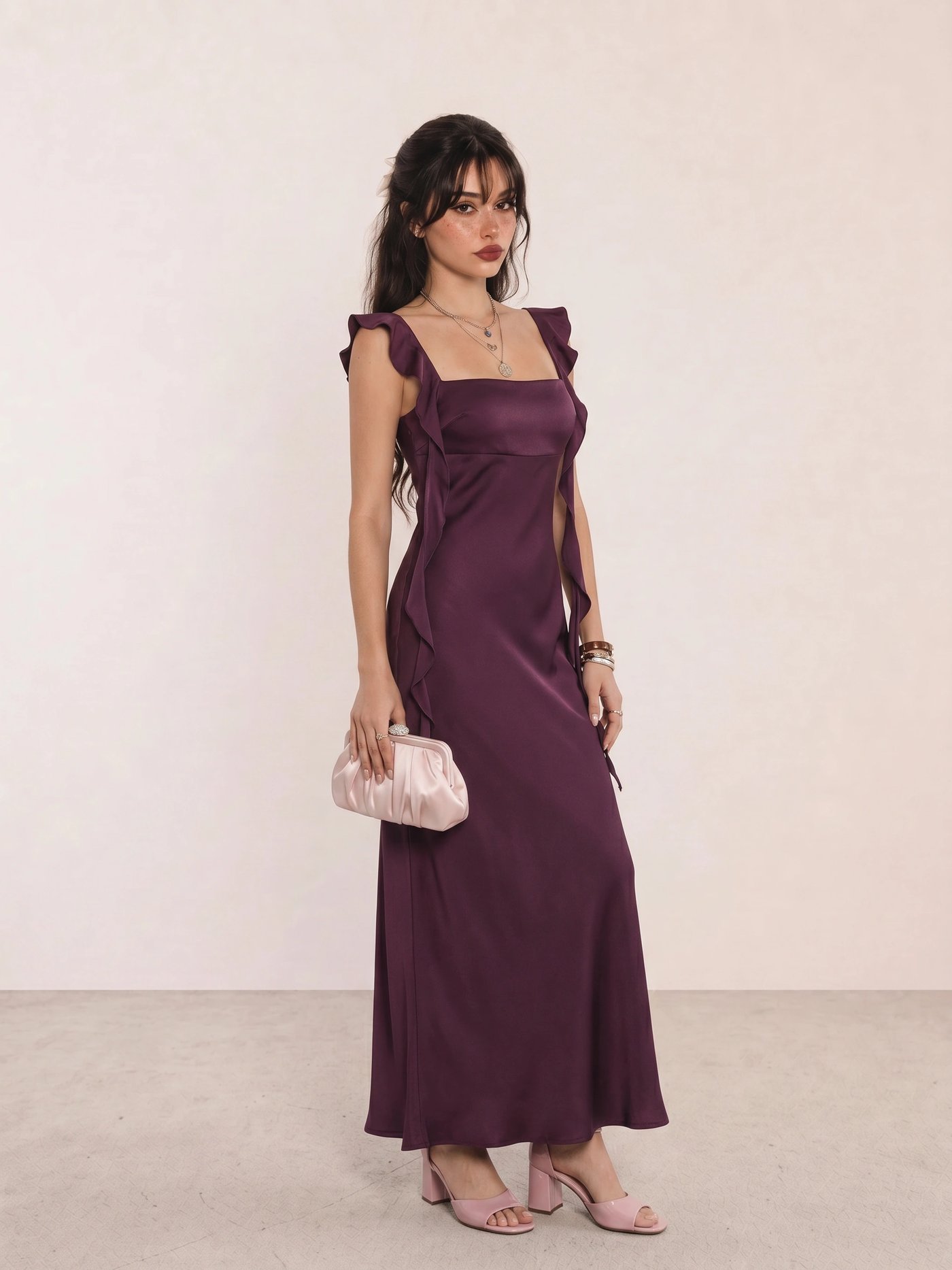 Plum Satin Ruffle-Strap Maxi Dress