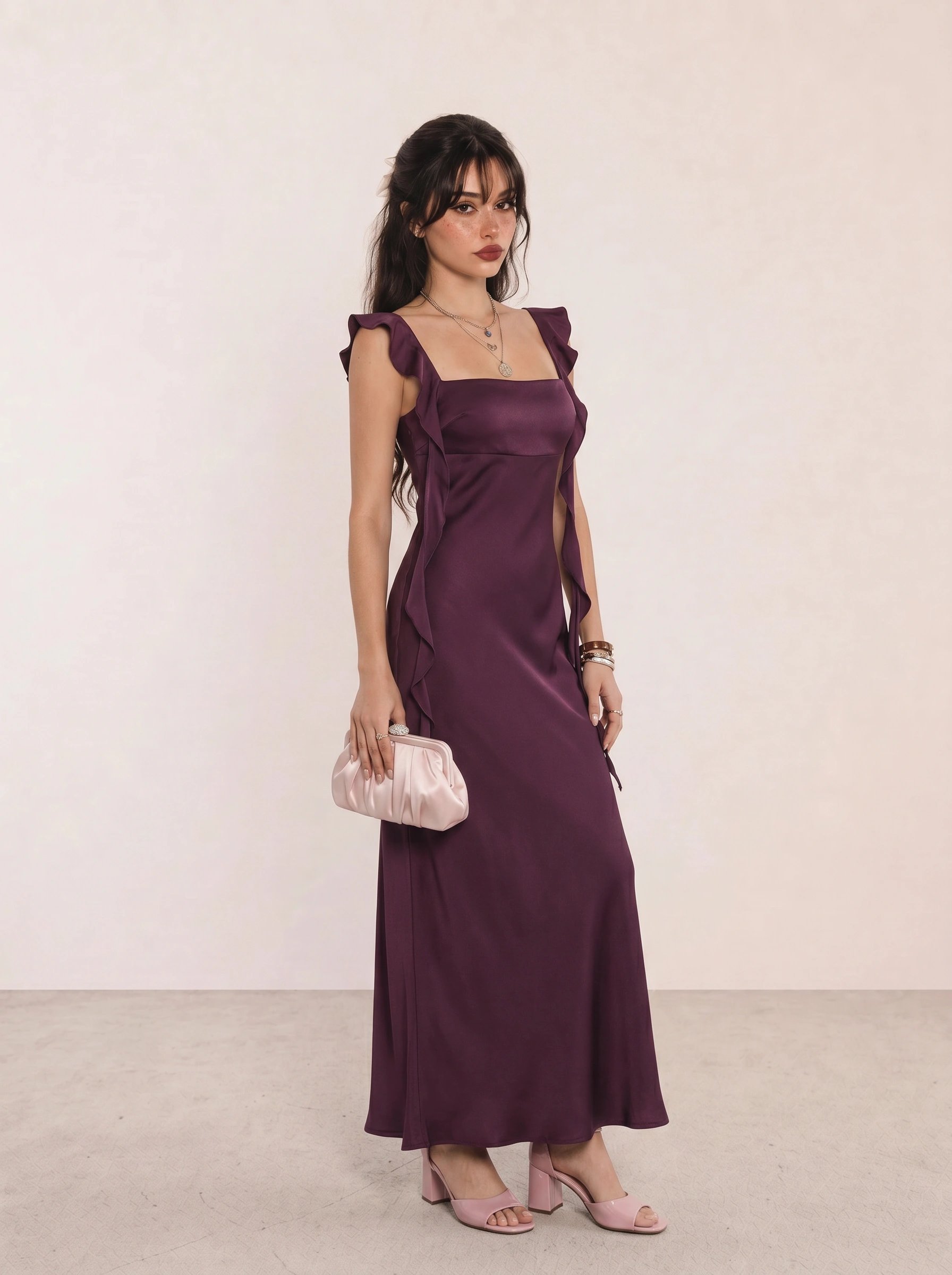 Plum Satin Ruffle-Strap Maxi Dress