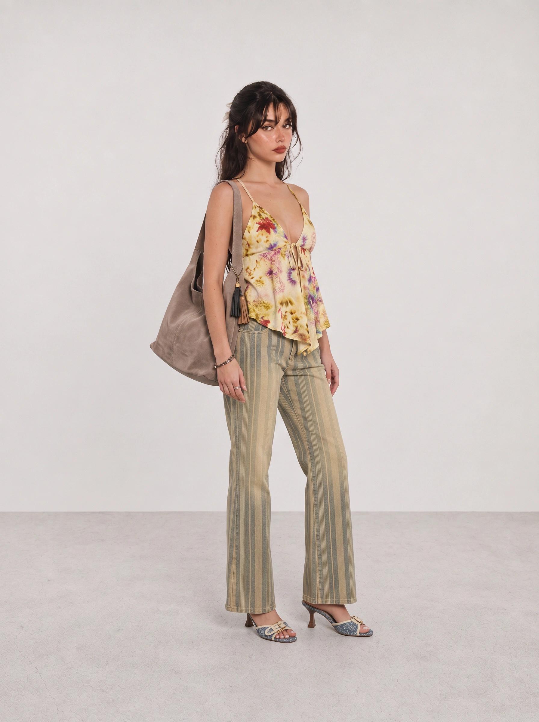 Yellow Floral Halter Top and Striped Trousers Y2K Outfit