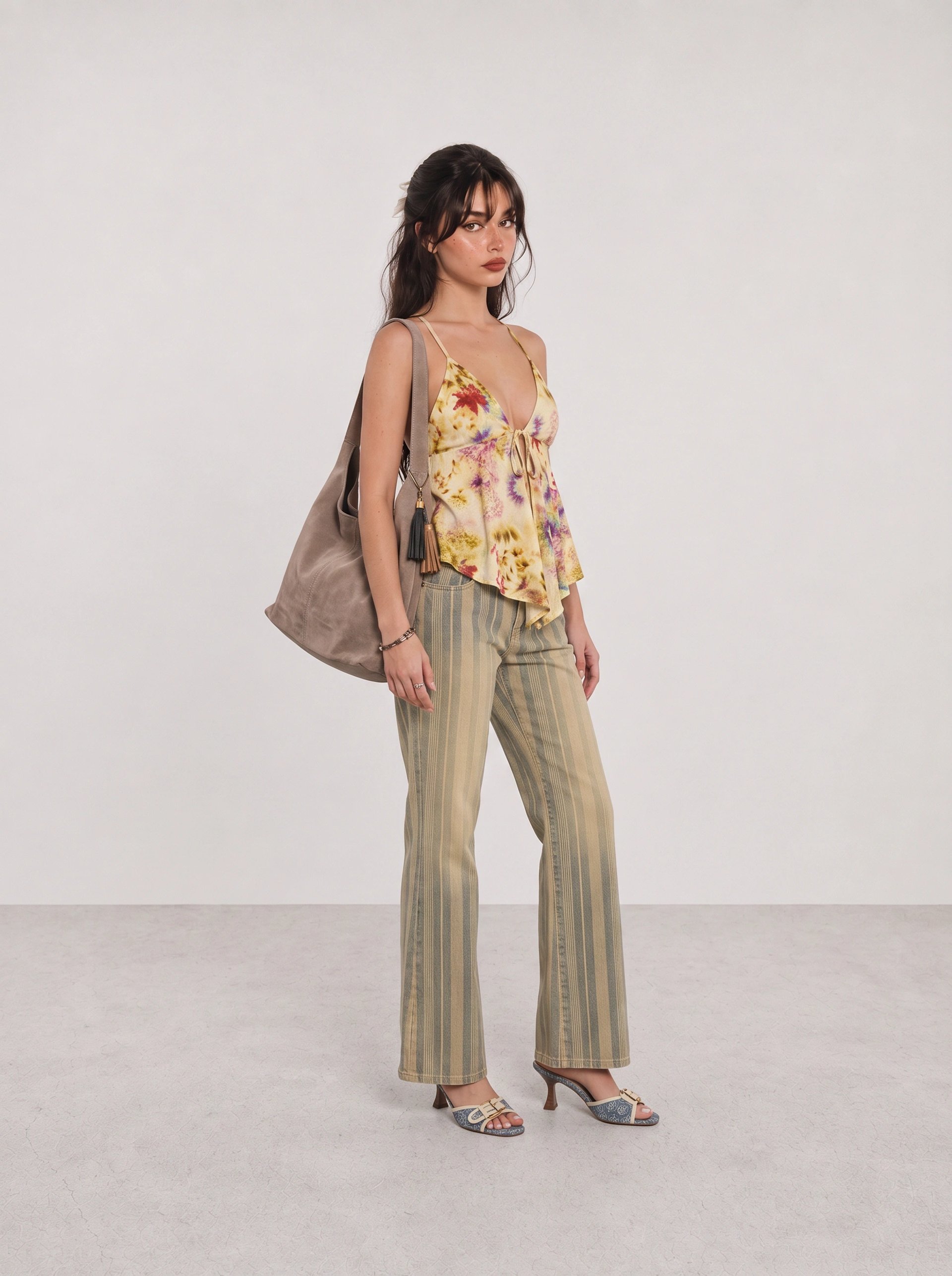 Yellow Floral Halter Top and Striped Trousers Y2K Outfit