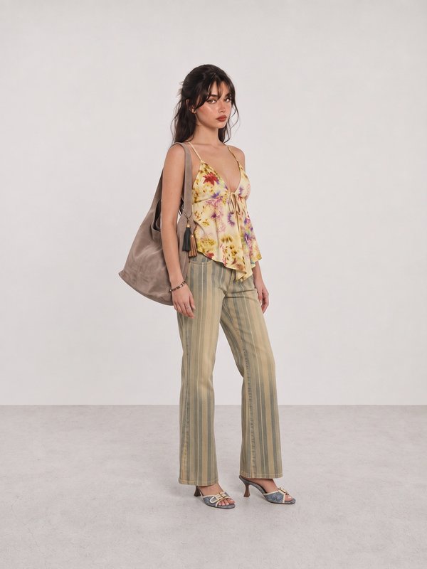 Yellow Floral Halter Top and Striped Trousers Y2K Outfit