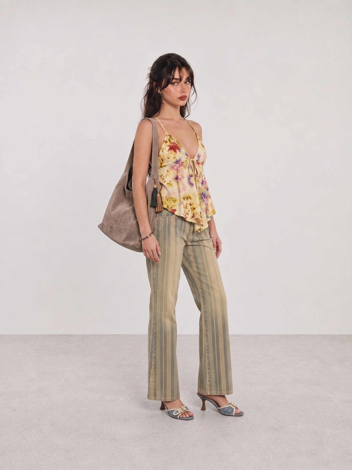 Yellow Floral Halter Top and Striped Trousers Y2K Outfit