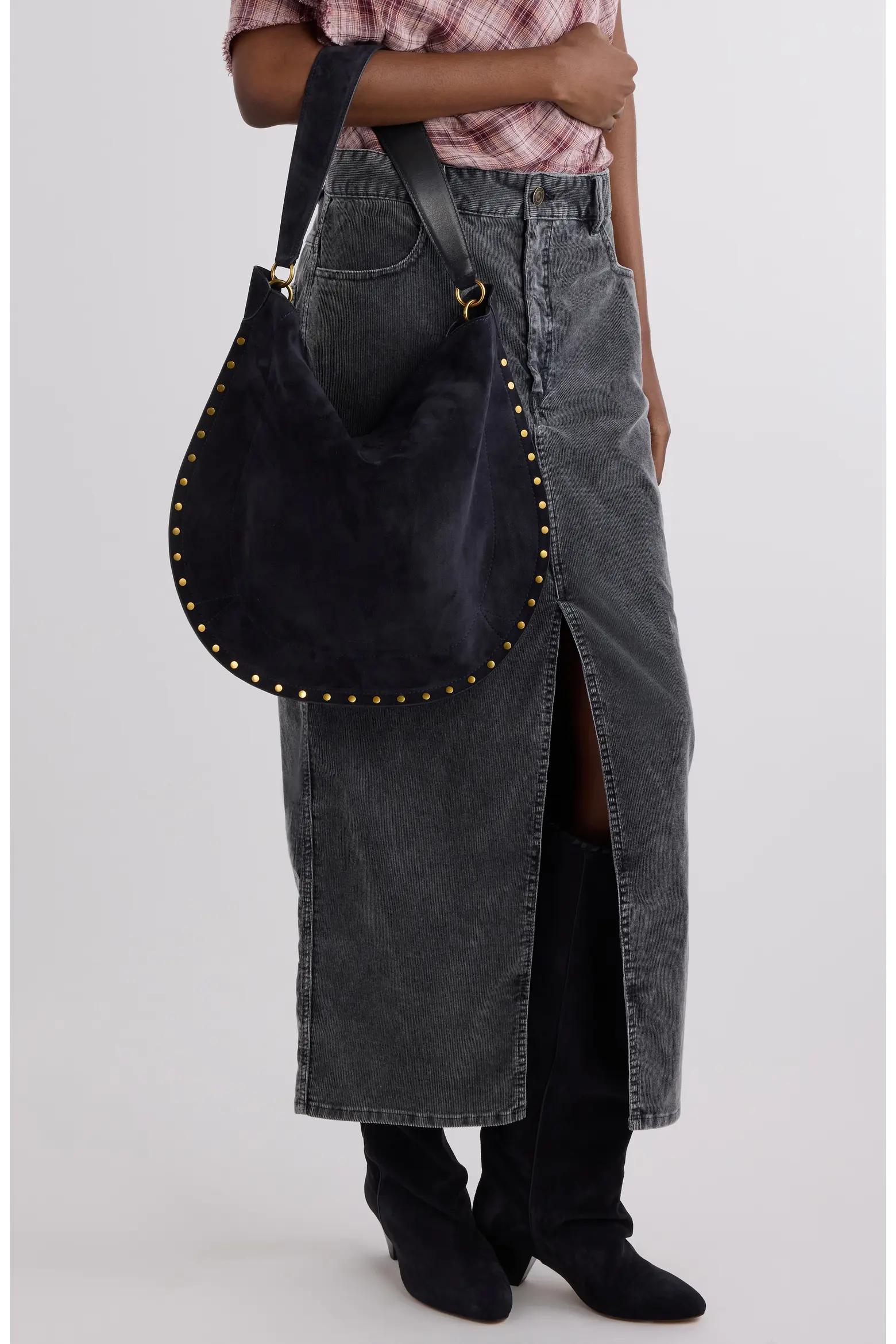 Black Studded Suede Hobo Bag