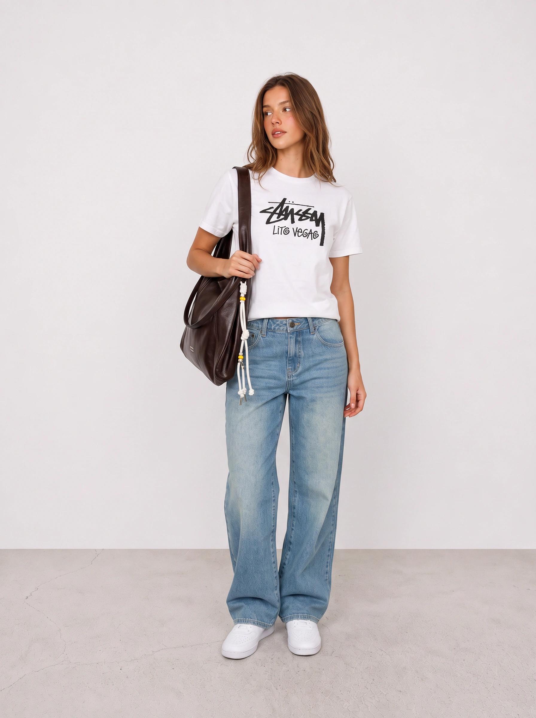 Weißes Graphic-Shirt und Wide-Leg-Jeans Outfit