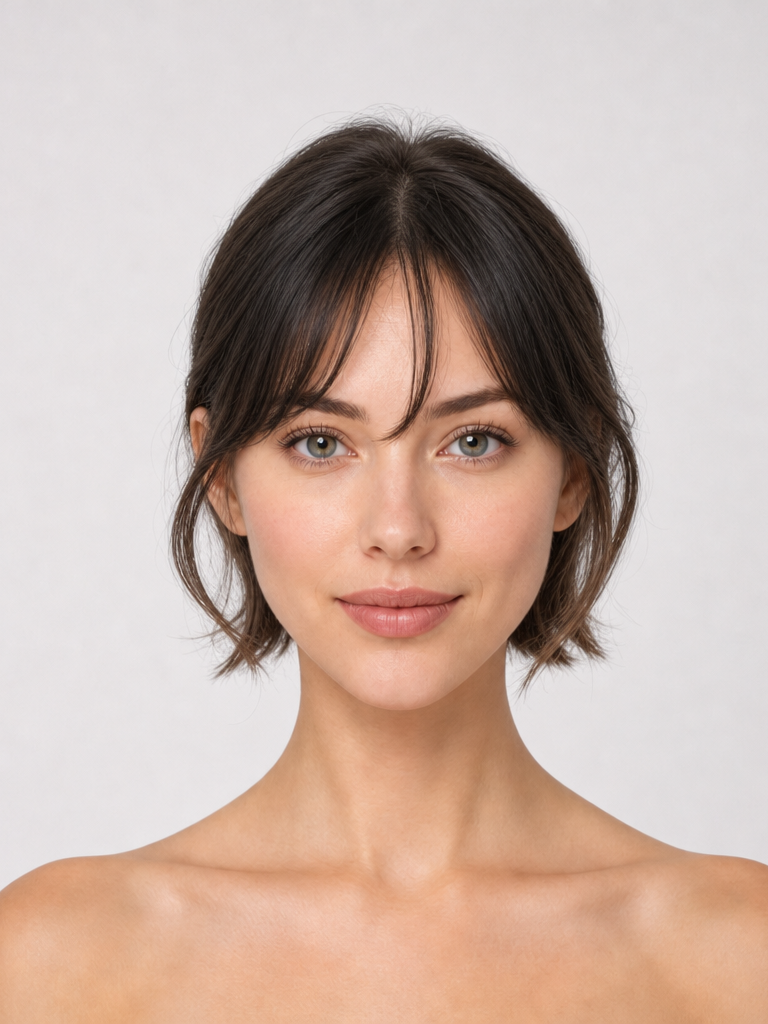 Woman with a short textured bob and side-swept fringe, front view