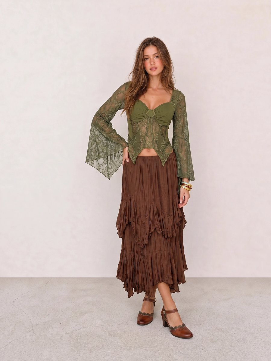 Boho outfit with an olive lace corset top, brown crinkle ruffle midi skirt, and floral Mary Jane heels