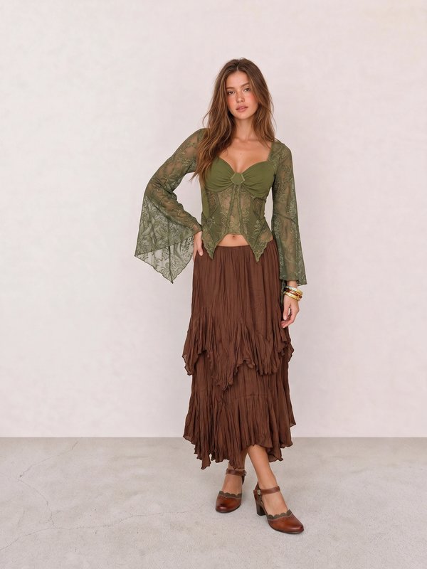 Olive Lace Corset Top & Brown Ruffle Midi Skirt
