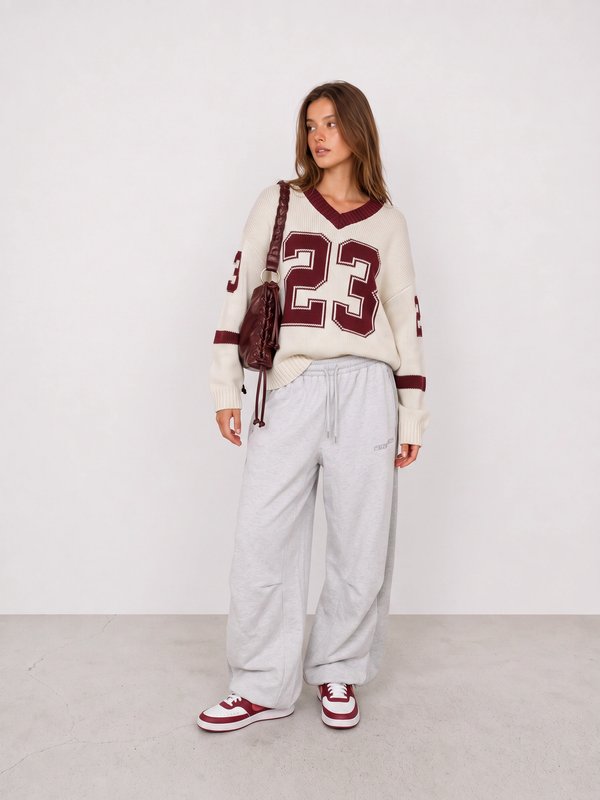 Burgundy Varsity Sweater and Grey Sweatpants Outfit