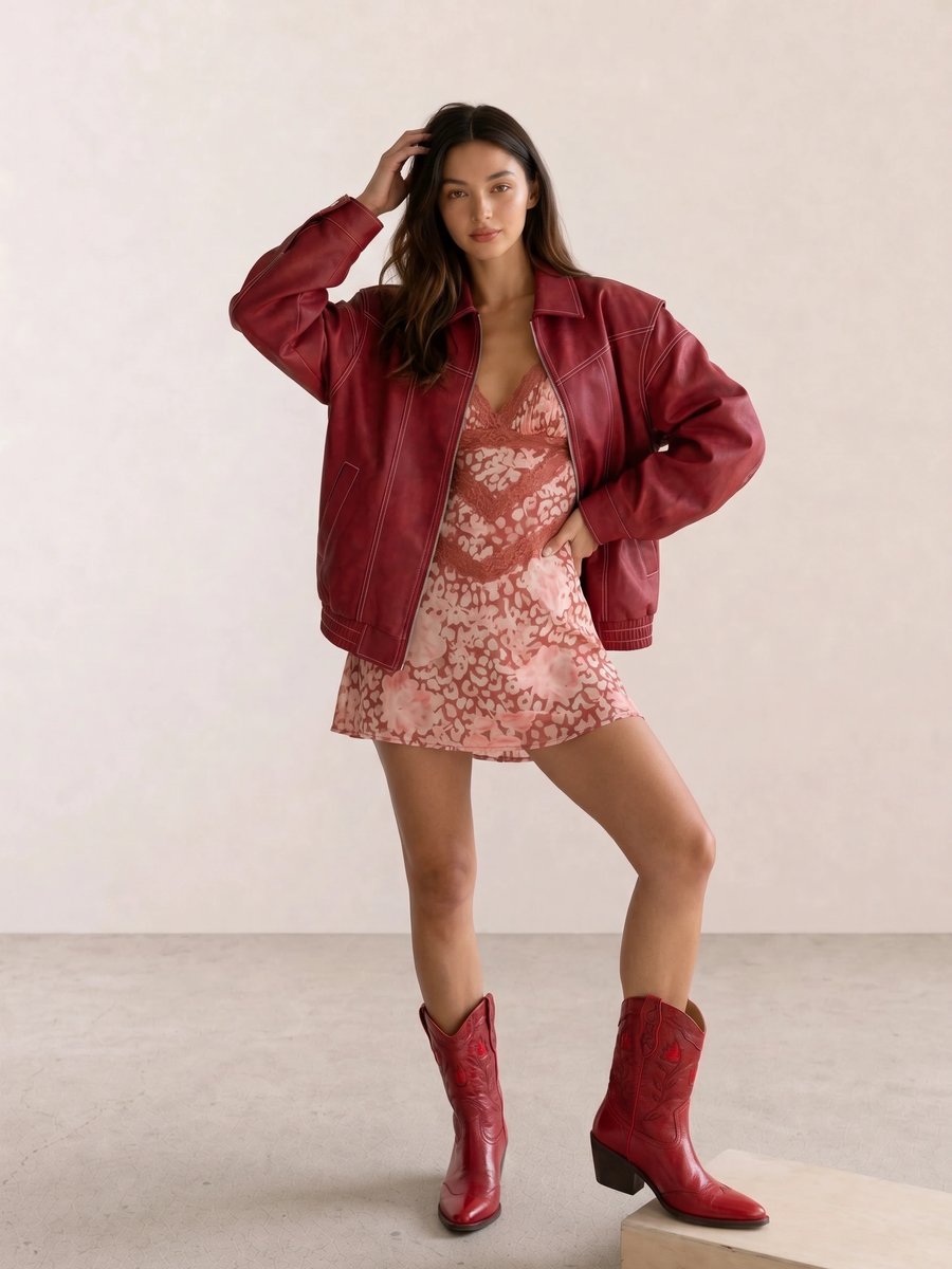 Bold autumn outfit with a red leather bomber jacket, floral mini dress, and red western boots