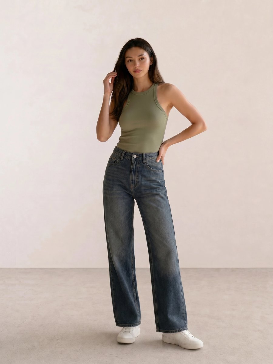 Basic casual outfit with an olive racerback tank, vintage wide-leg jeans, and white Nike sneakers