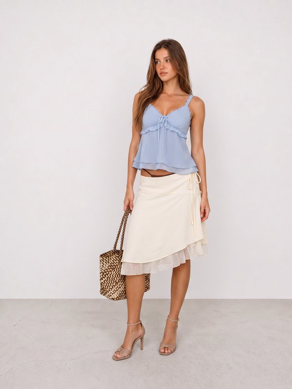 Blue Ruffle Cami and Ivory Wrap Skirt Outfit