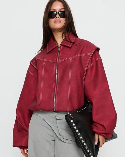 Red Leather Bomber Jacket