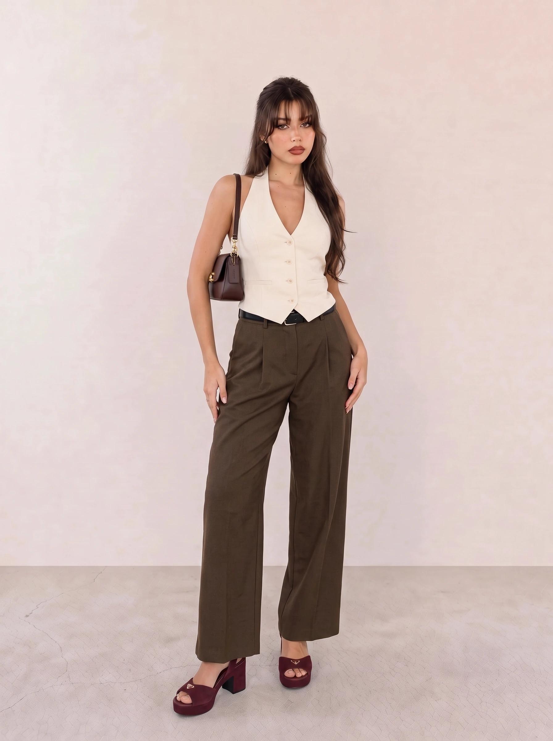 Ivory Halter Waistcoat Top & Brown Wide-Leg Trousers