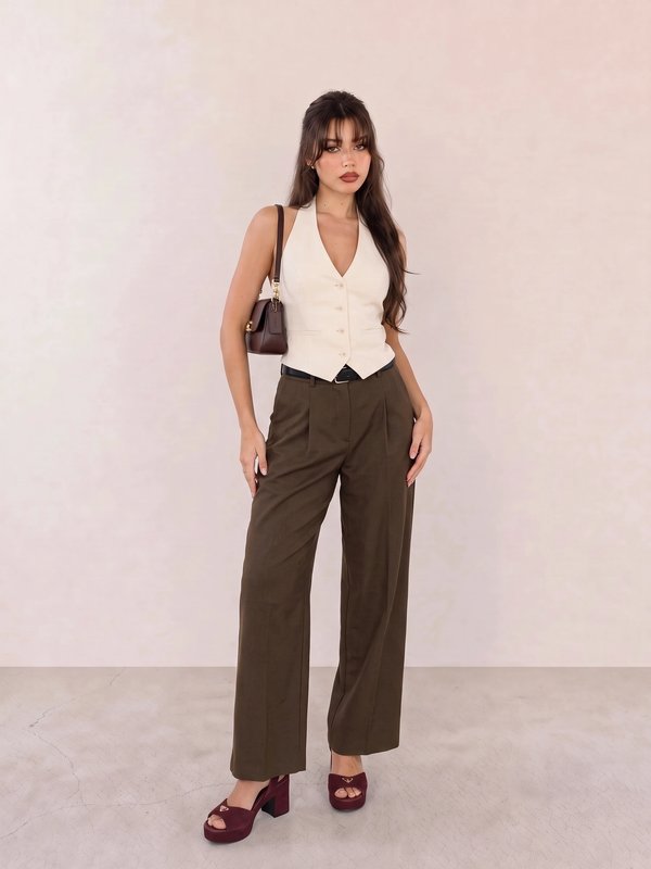 Ivory Halter Waistcoat Top & Brown Wide-Leg Trousers