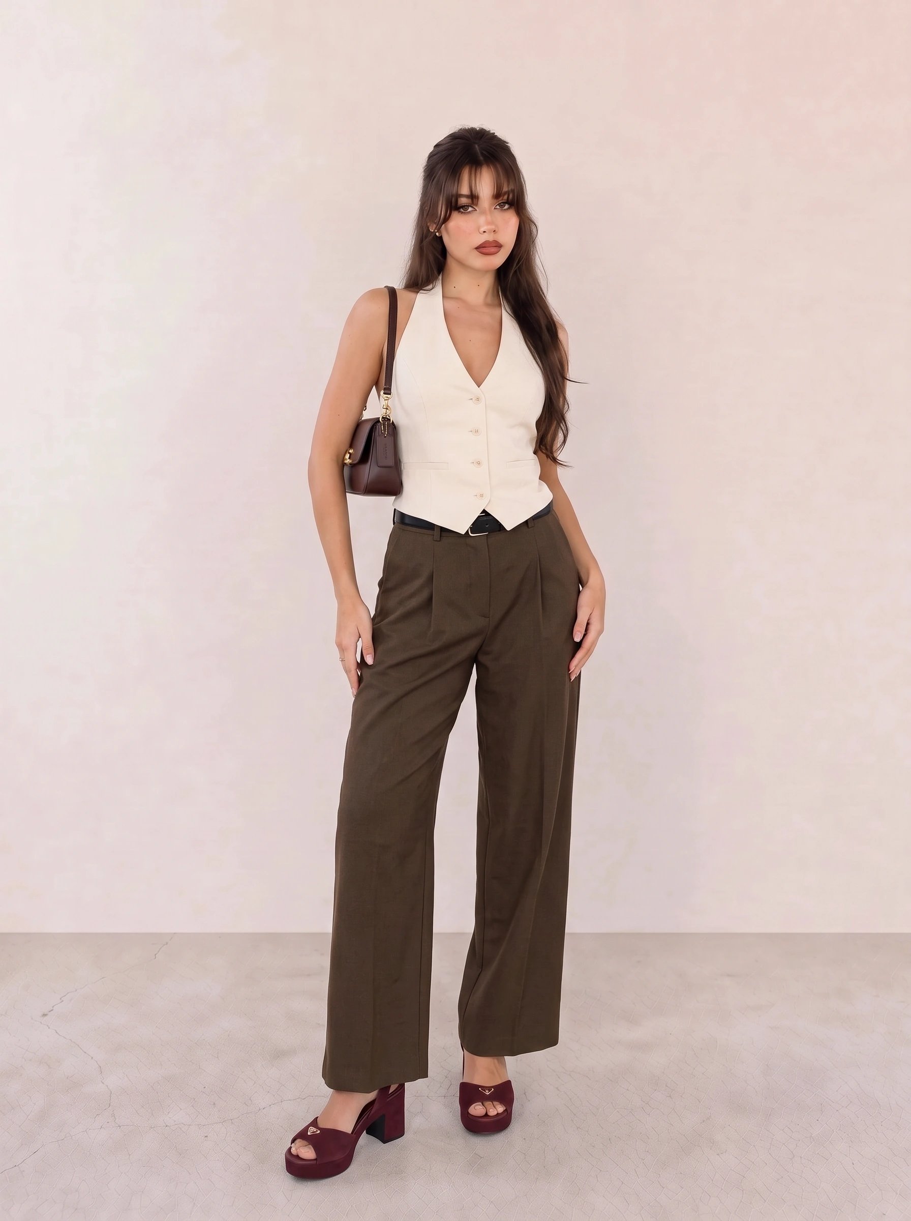 Ivory Halter Waistcoat Top & Brown Wide-Leg Trousers