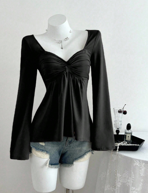 Black Twist-Front Flare Sleeve Top