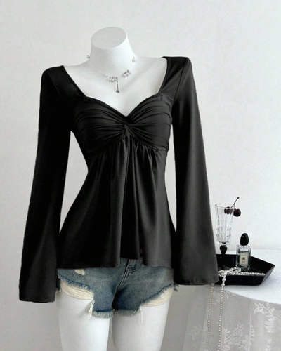 Black Twist-Front Flare Sleeve Top