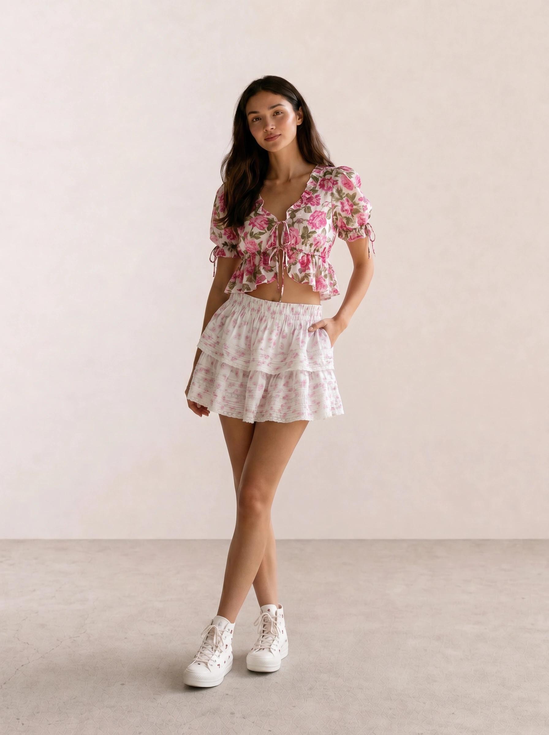 Pink Floral Crop & White Floral Layered Mini