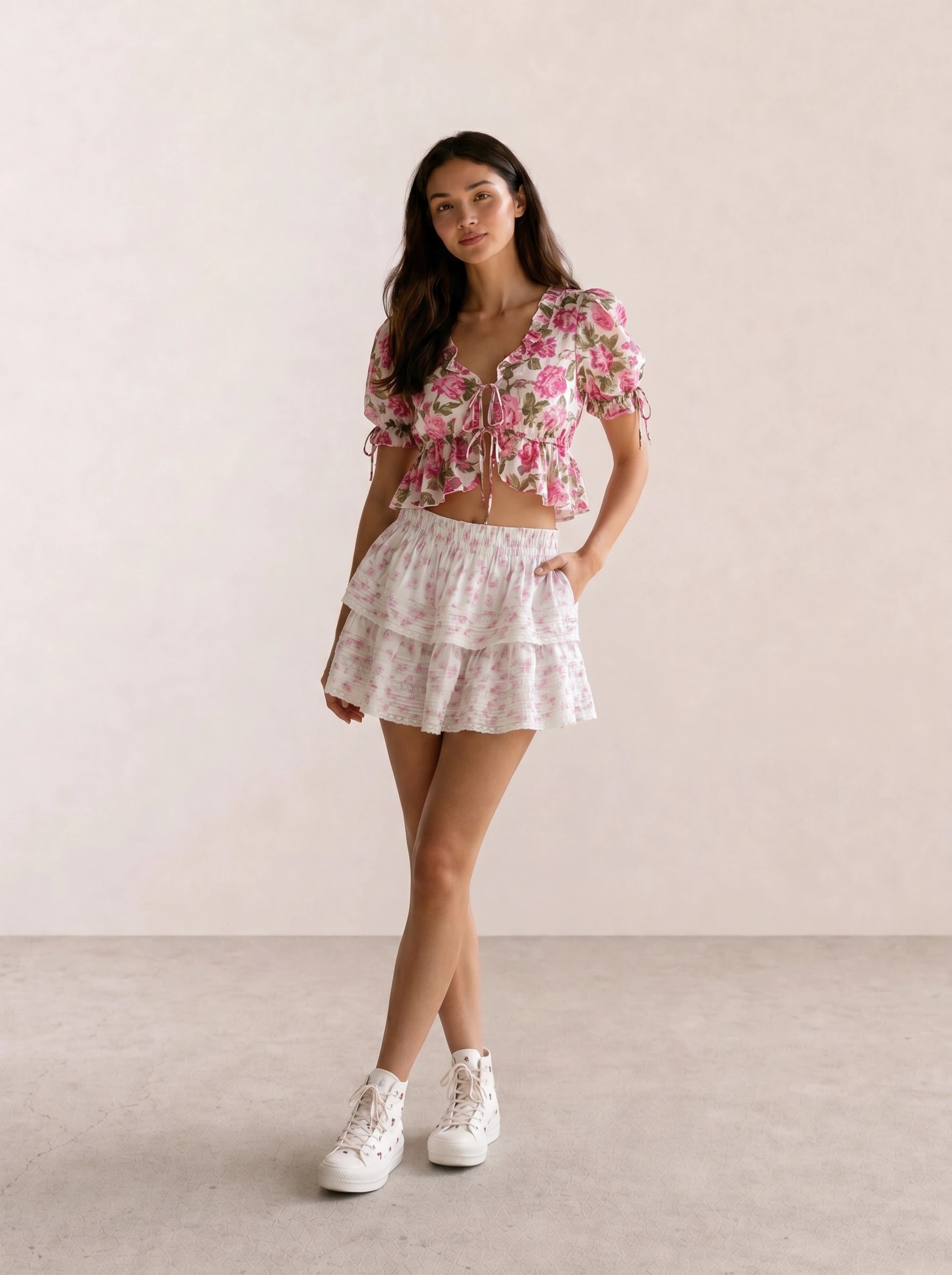 pink floral peplum ruched crop top with white floral tiered layered mini skirt and white high top sneakers — garden party coquette spring outfit idea 2026