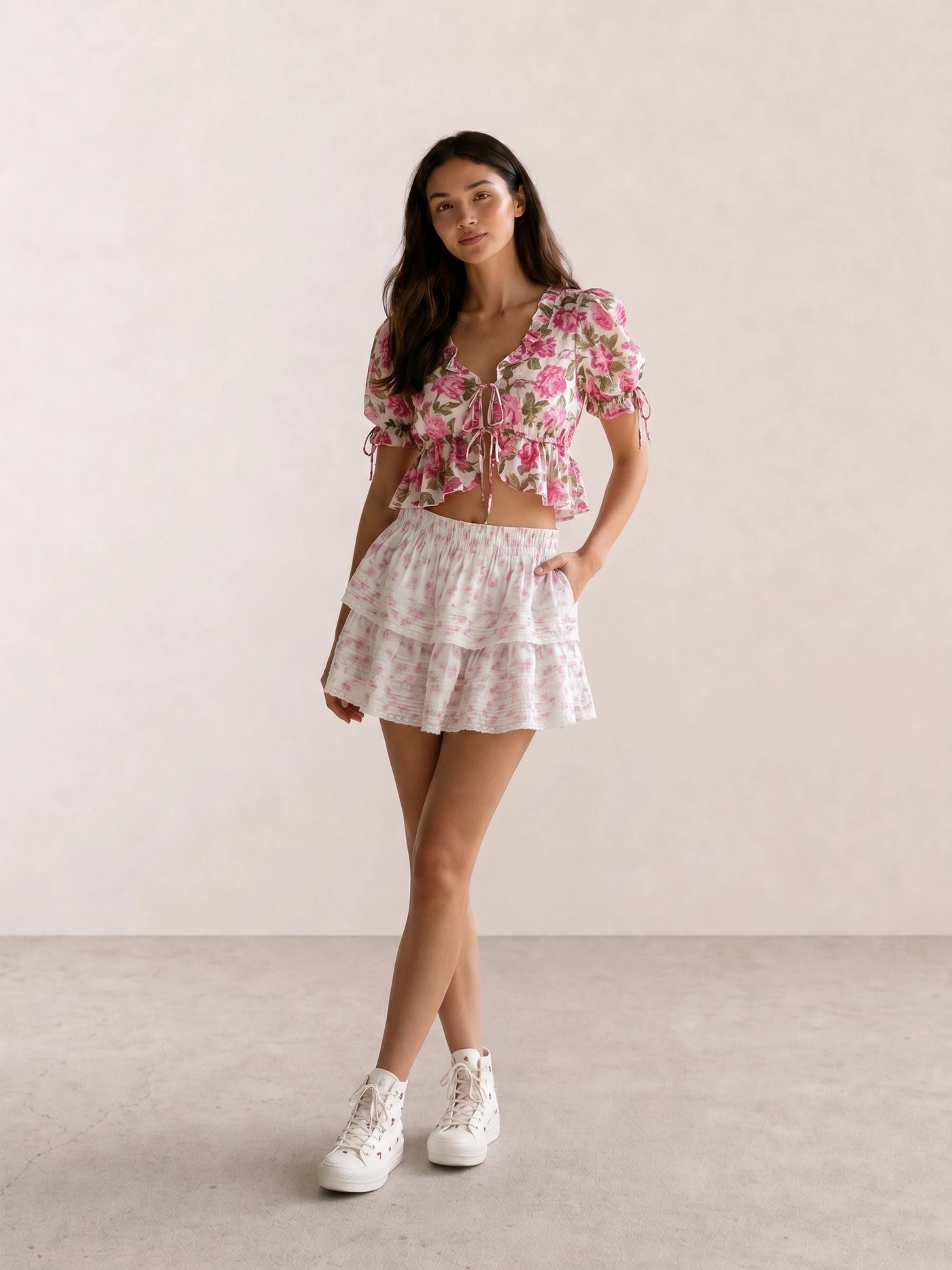 Pink Floral Crop & White Floral Layered Mini