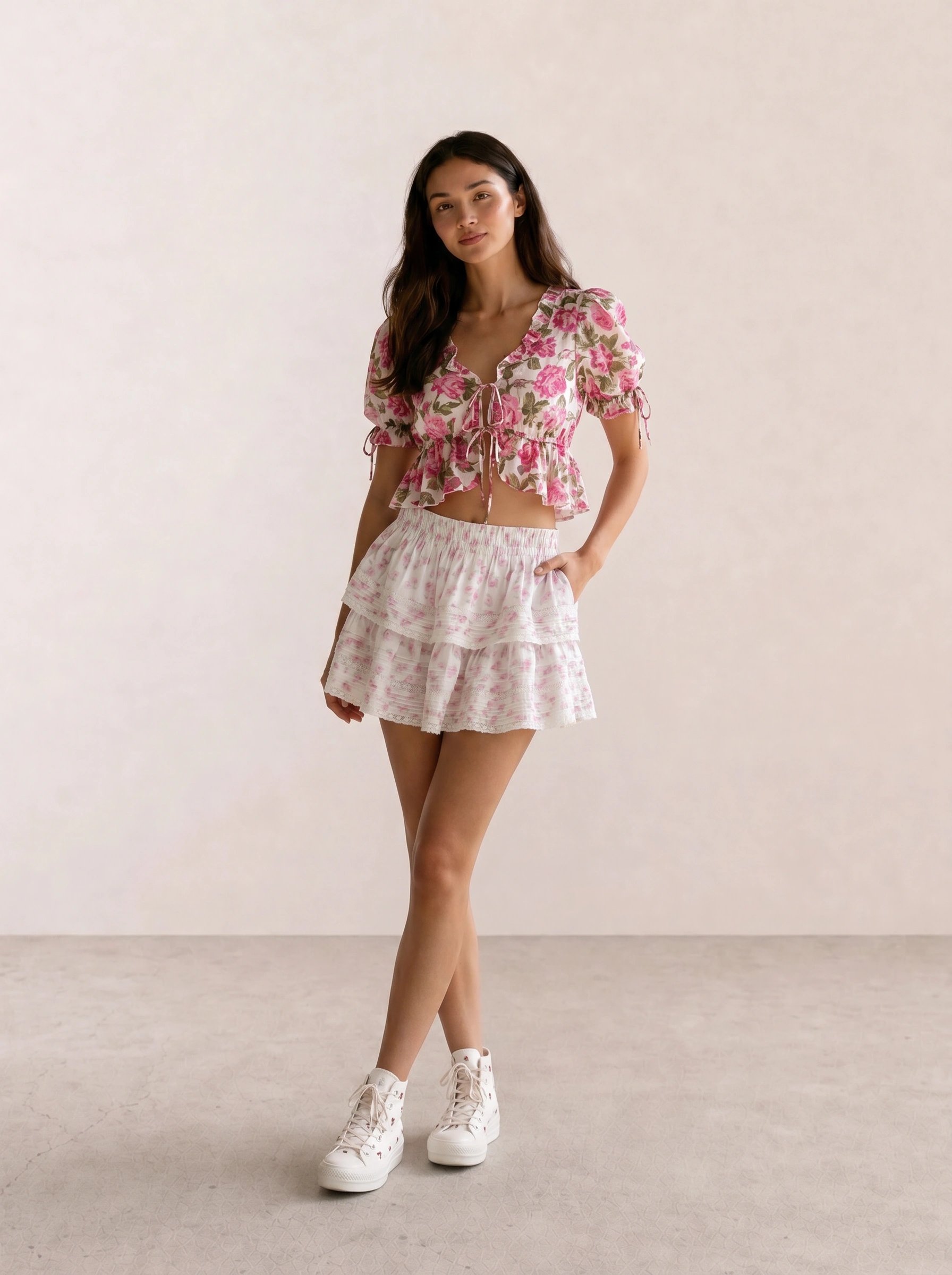 pink floral peplum ruched crop top with white floral tiered layered mini skirt and white high top sneakers — garden party coquette spring outfit idea 2026