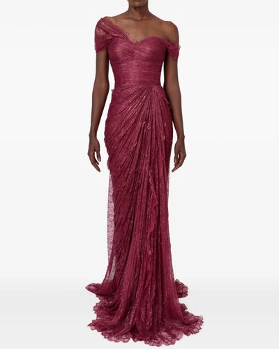 Burgundy Lace Off-Shoulder Gown Detail