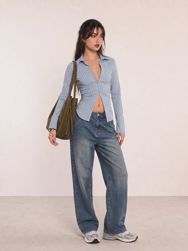 Blue Fitted Shirt and Wide-Leg Jeans Campus Outfit