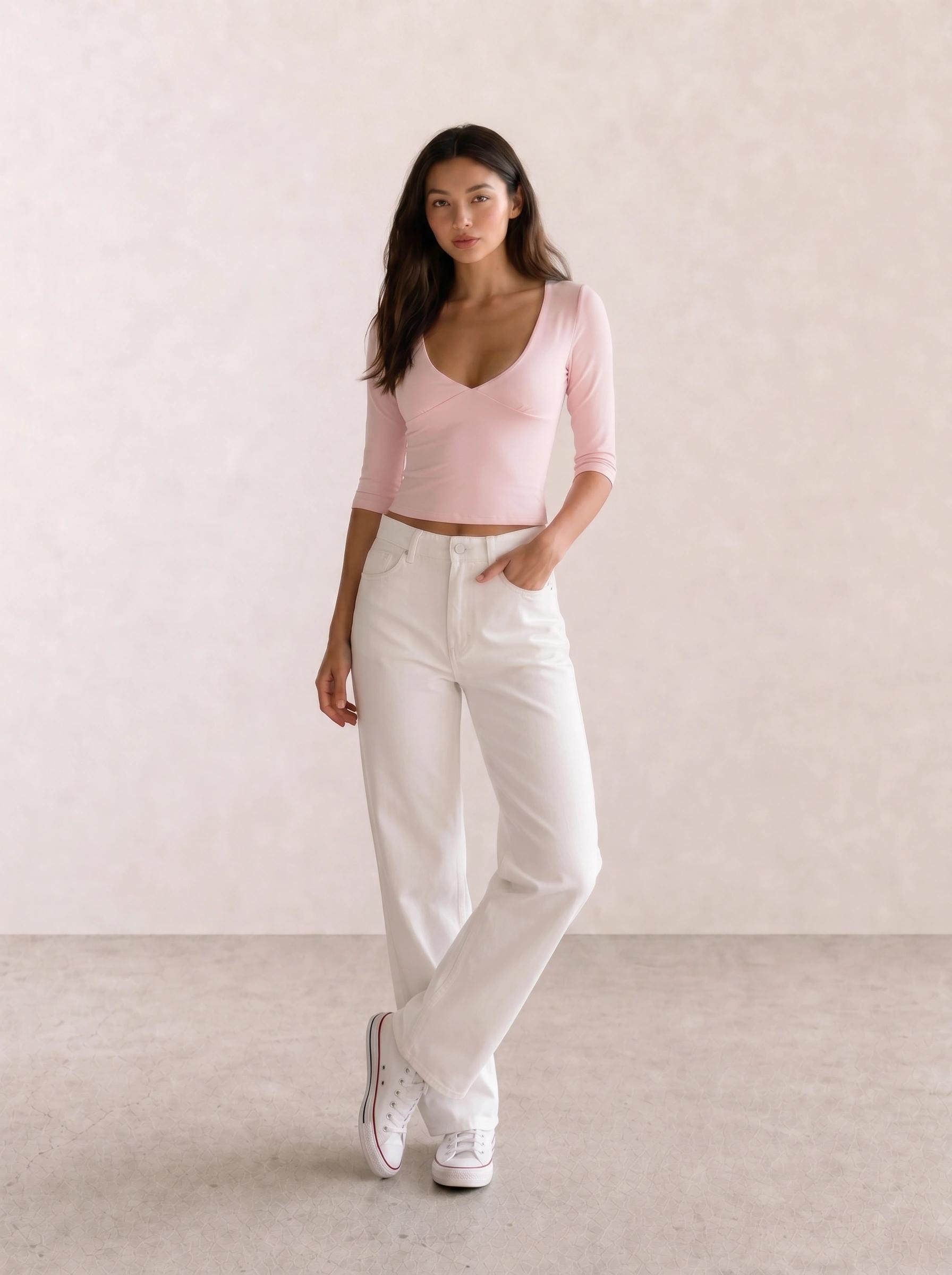 Pink V-Neck Crop Top & White Wide-Leg Jeans