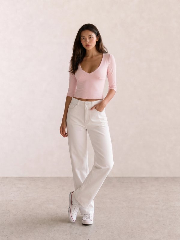 Pink V-Neck Crop Top & White Wide-Leg Jeans