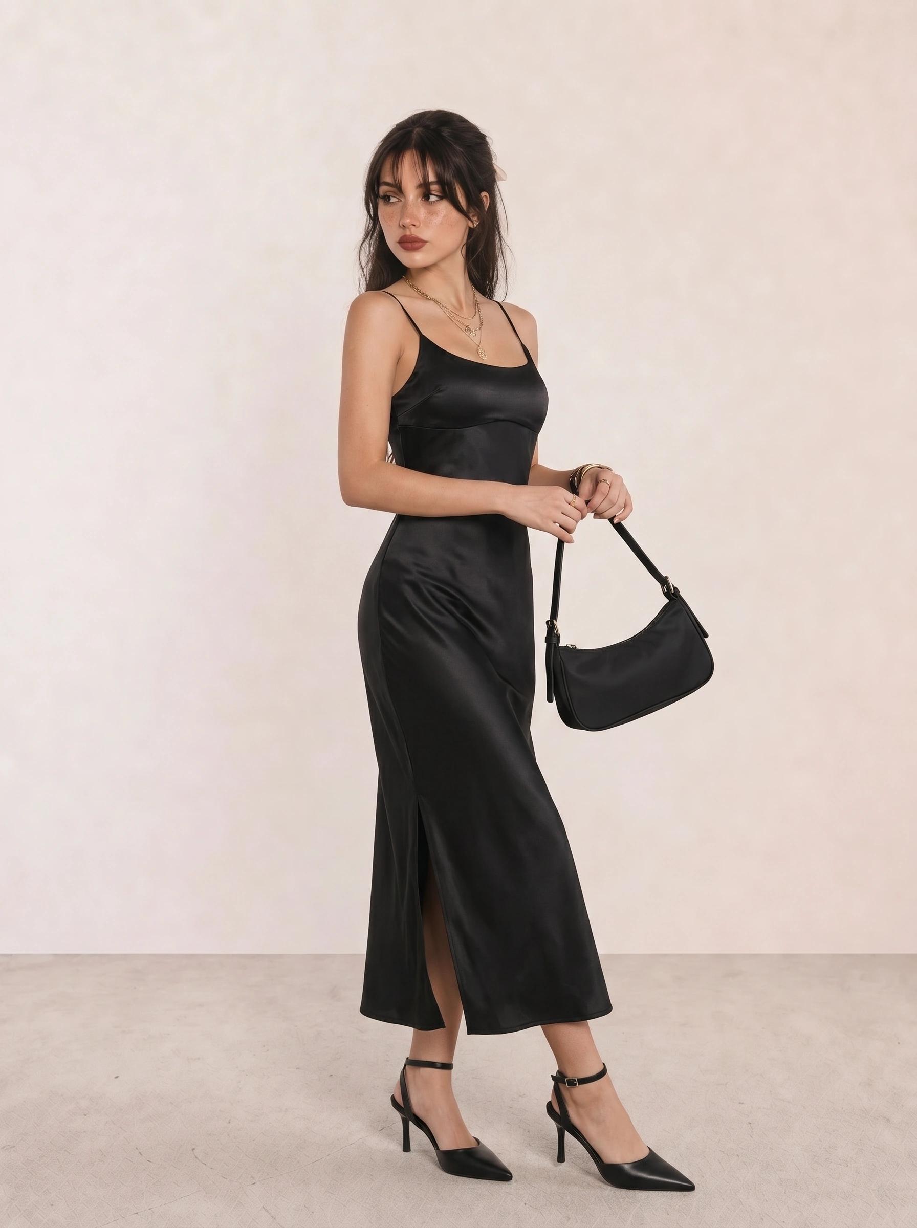 Black Satin Slip Maxi Dress with Front Slit