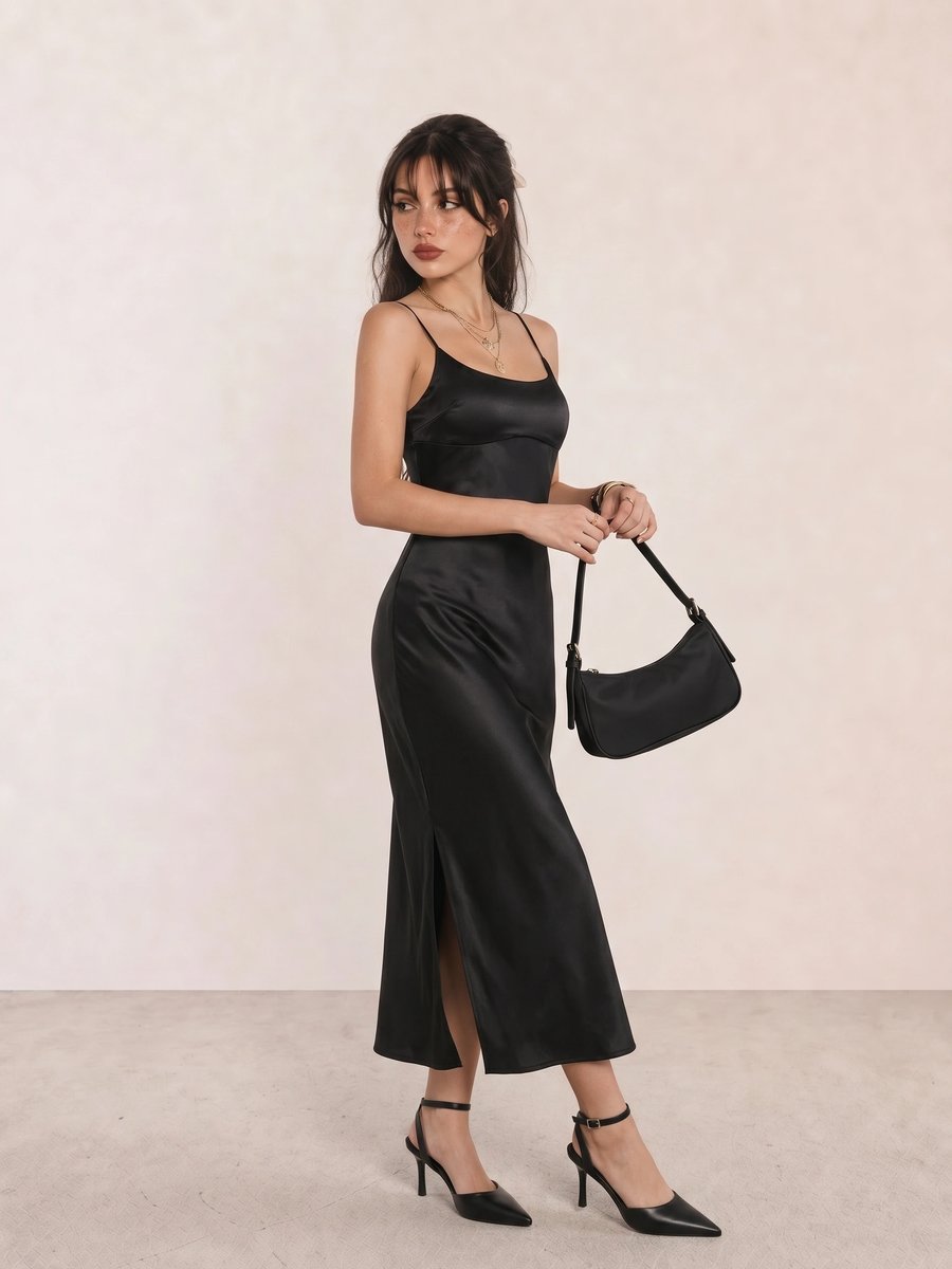 Black satin slip maxi dress with front slit, black shoulder bag, and ankle-strap heels