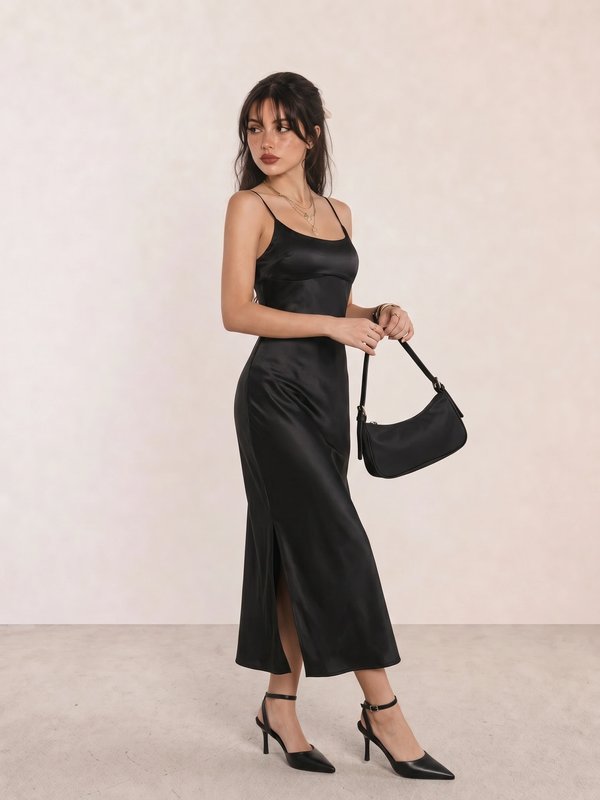Black Satin Slip Maxi Dress with Front Slit