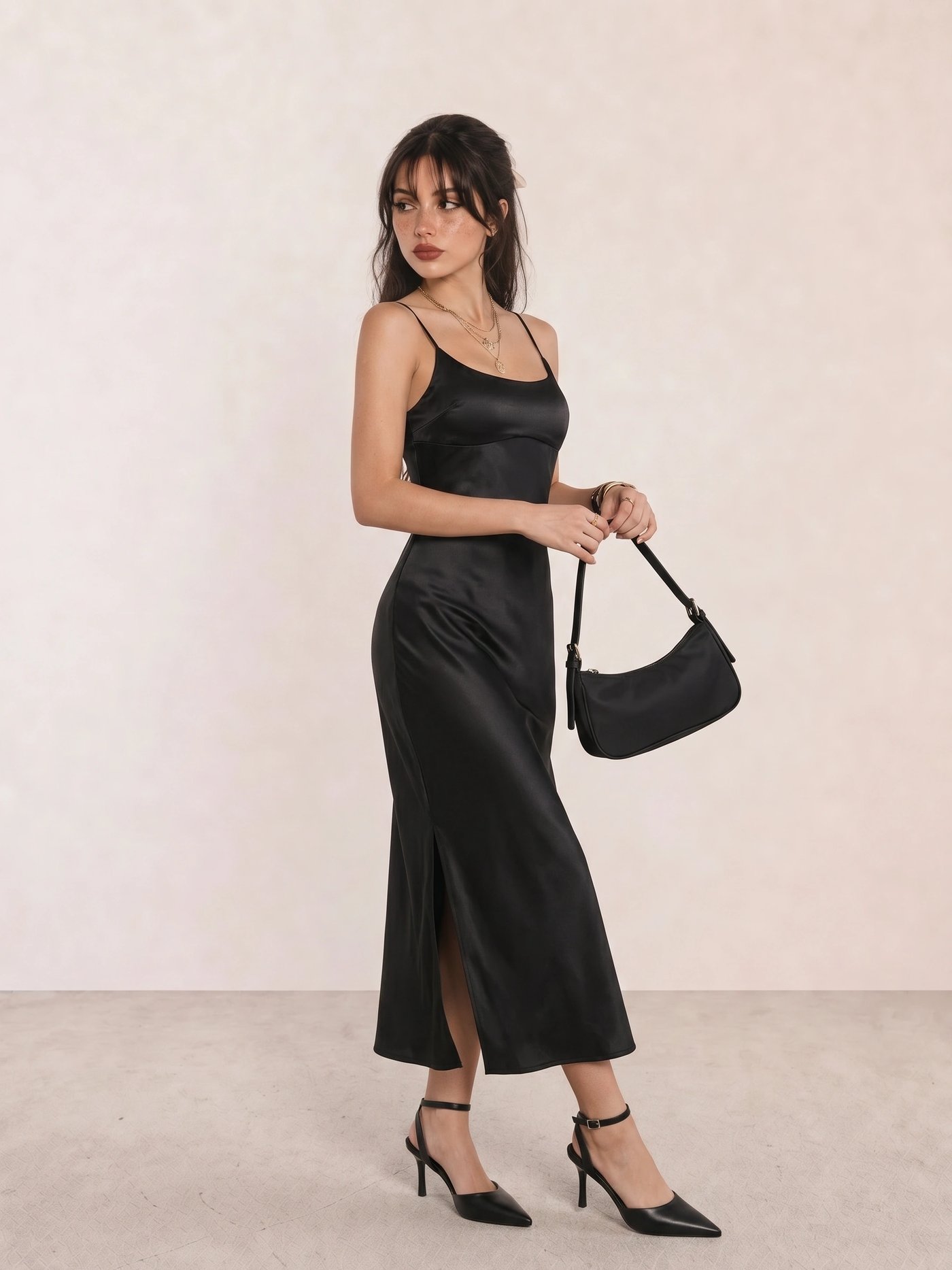 Black Satin Slip Maxi Dress with Front Slit
