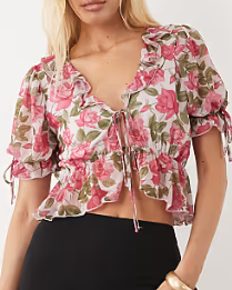 Pink Floral Ruched Tie-Front Puff-Sleeve Top