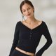 Black Long-Sleeve Henley Crop Top