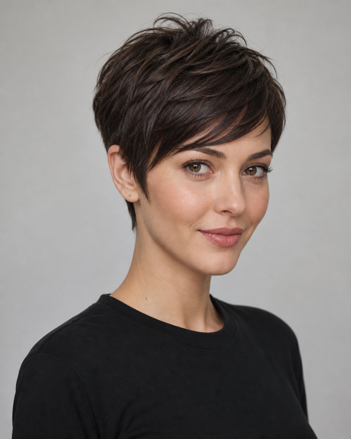 Textured pixie with a long side-swept fringe on a woman with an oval face shape