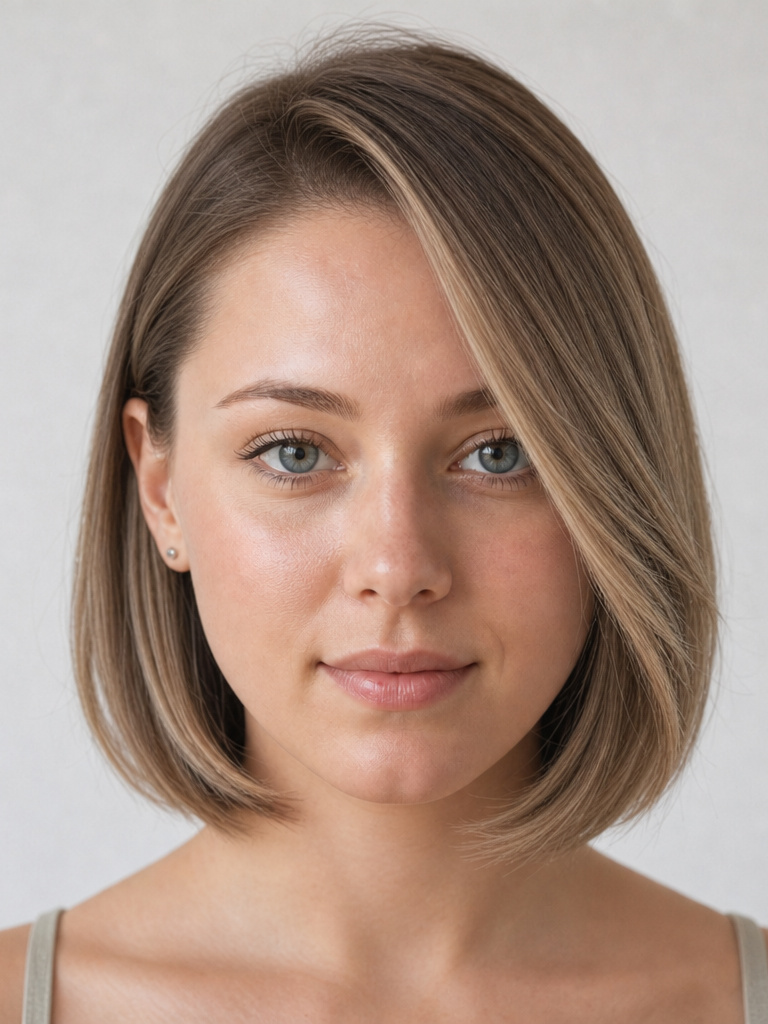 Sleek jaw-length bob haircut on a woman with a round face shape, front view