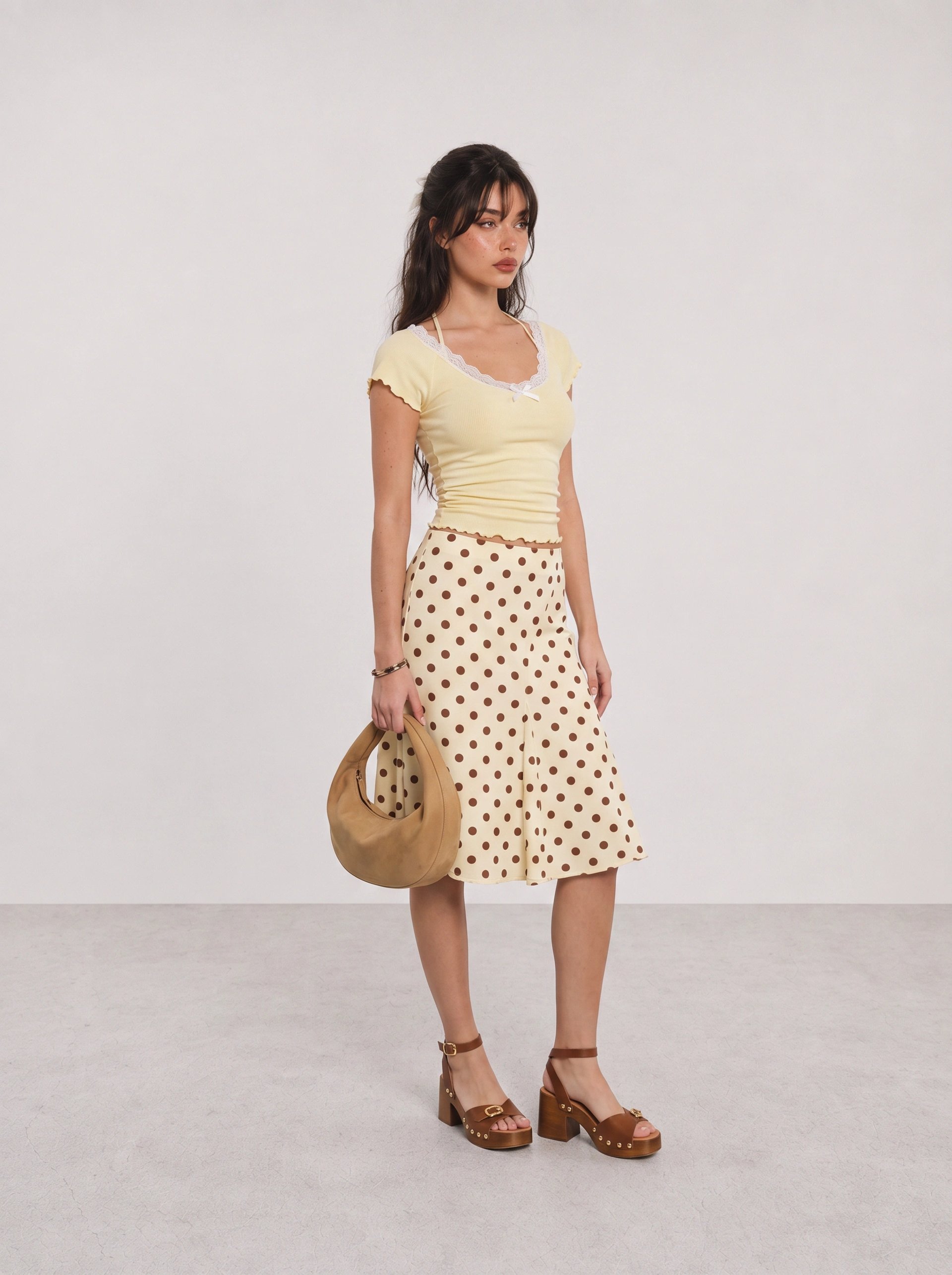 Yellow Ruffle Top and Polka Dot Skirt Outfit