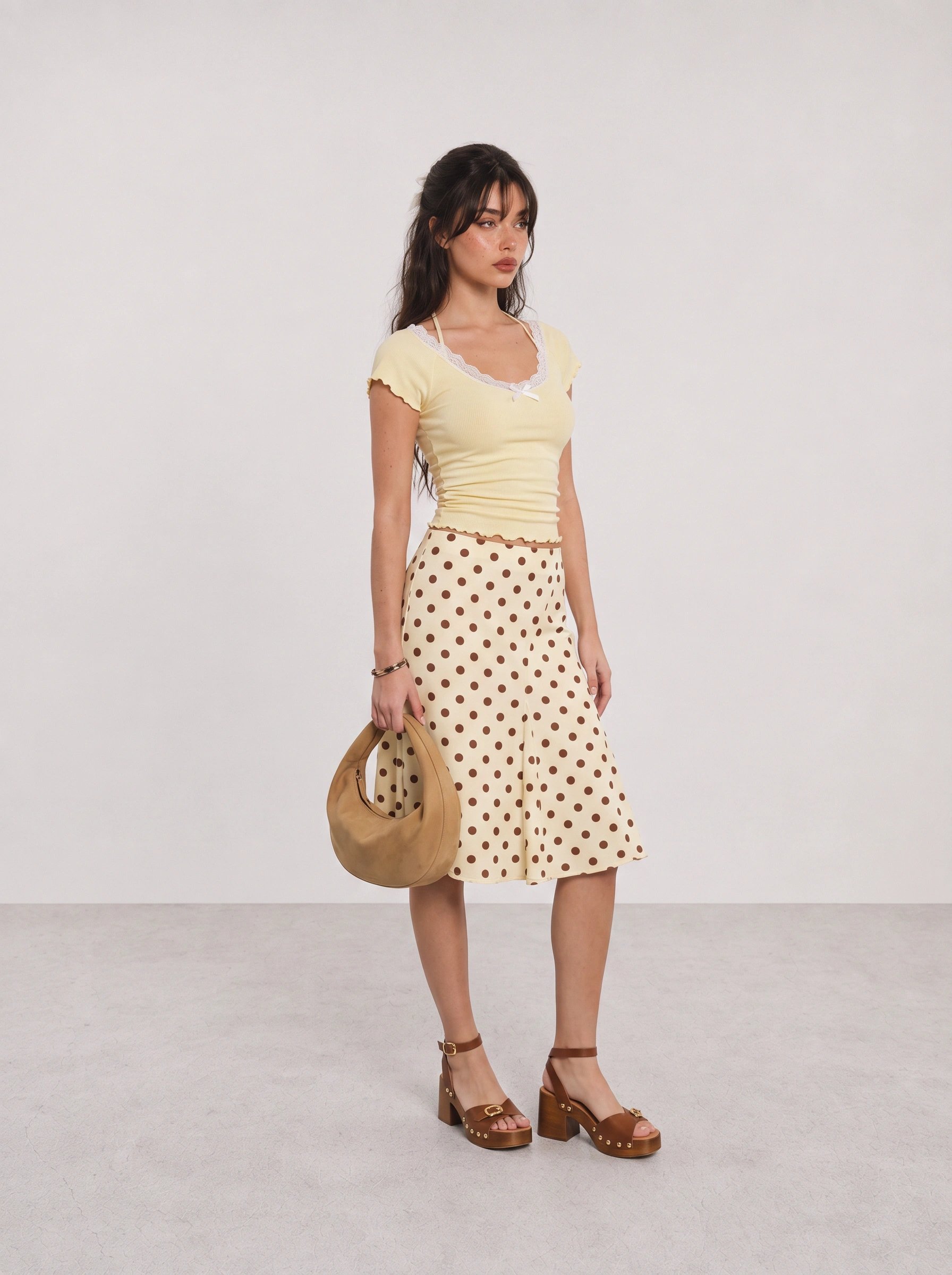 Yellow Ruffle Top and Polka Dot Skirt Outfit