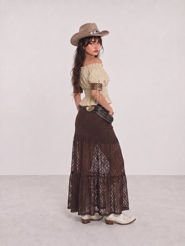 Beige Fringe Top and Brown Lace Skirt Western Outfit