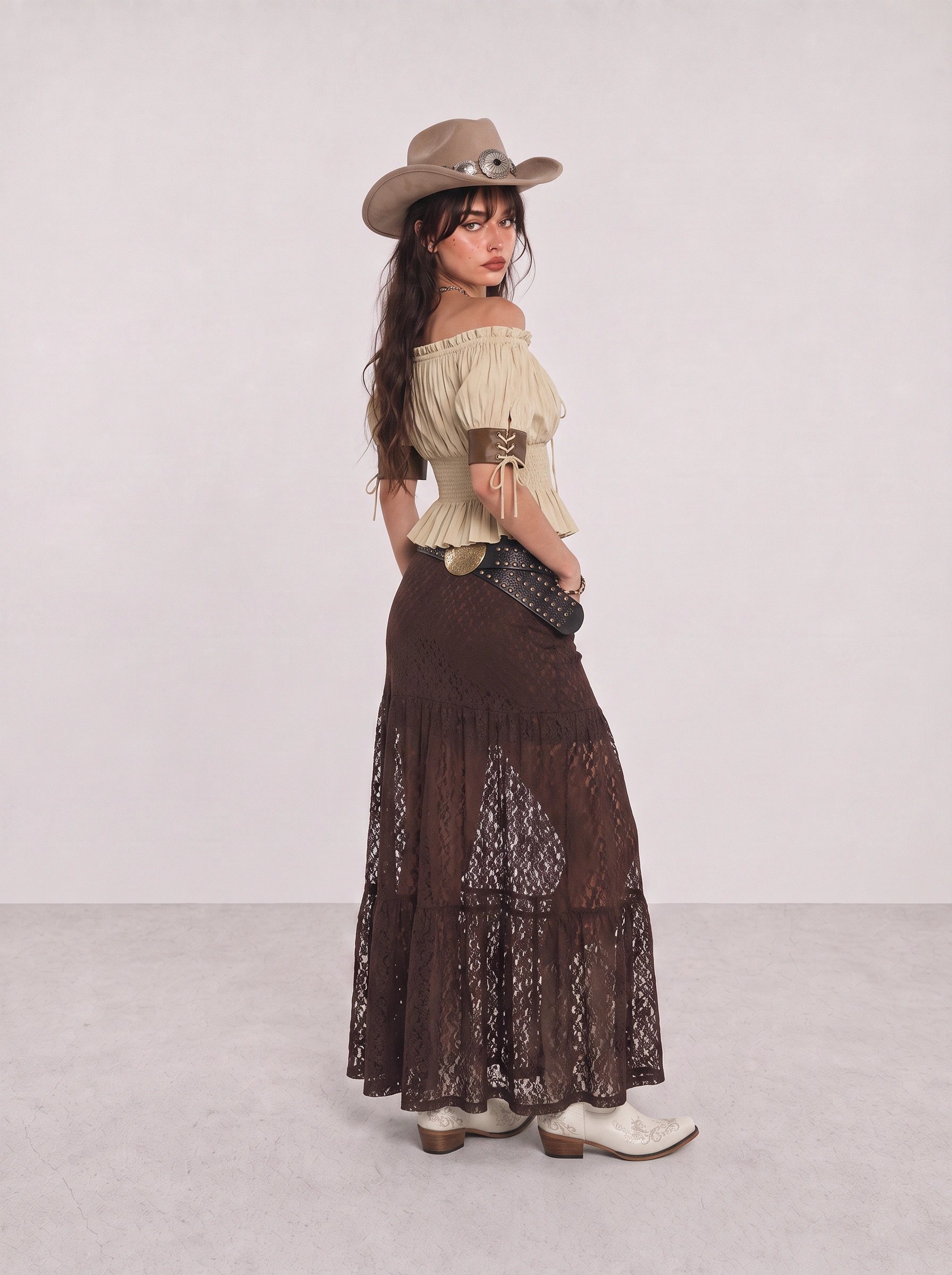 Beige Fringe Top and Brown Lace Skirt Western Outfit