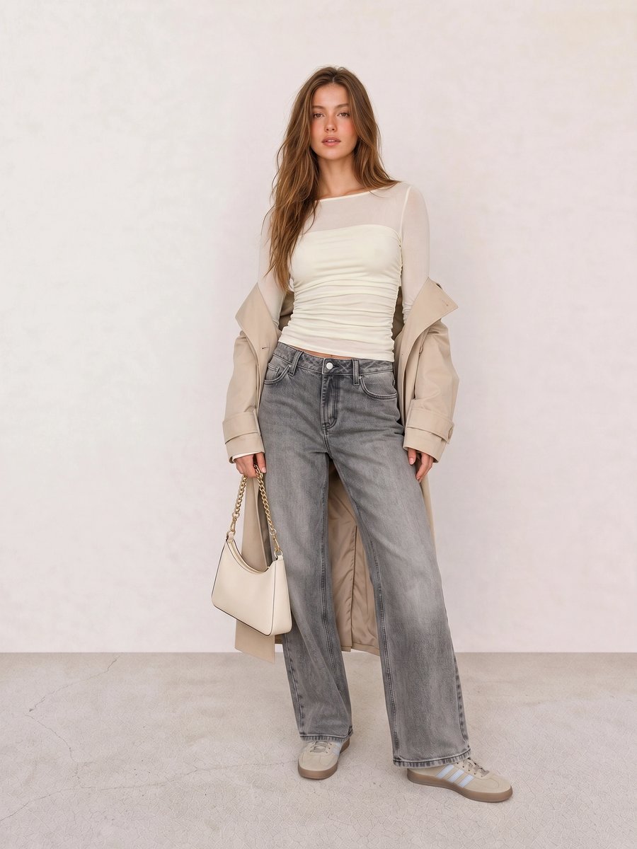 Clean girl outfit with a cream mesh-panel top, grey wide-leg jeans, a beige trench coat, and Adidas Gazelle sneakers
