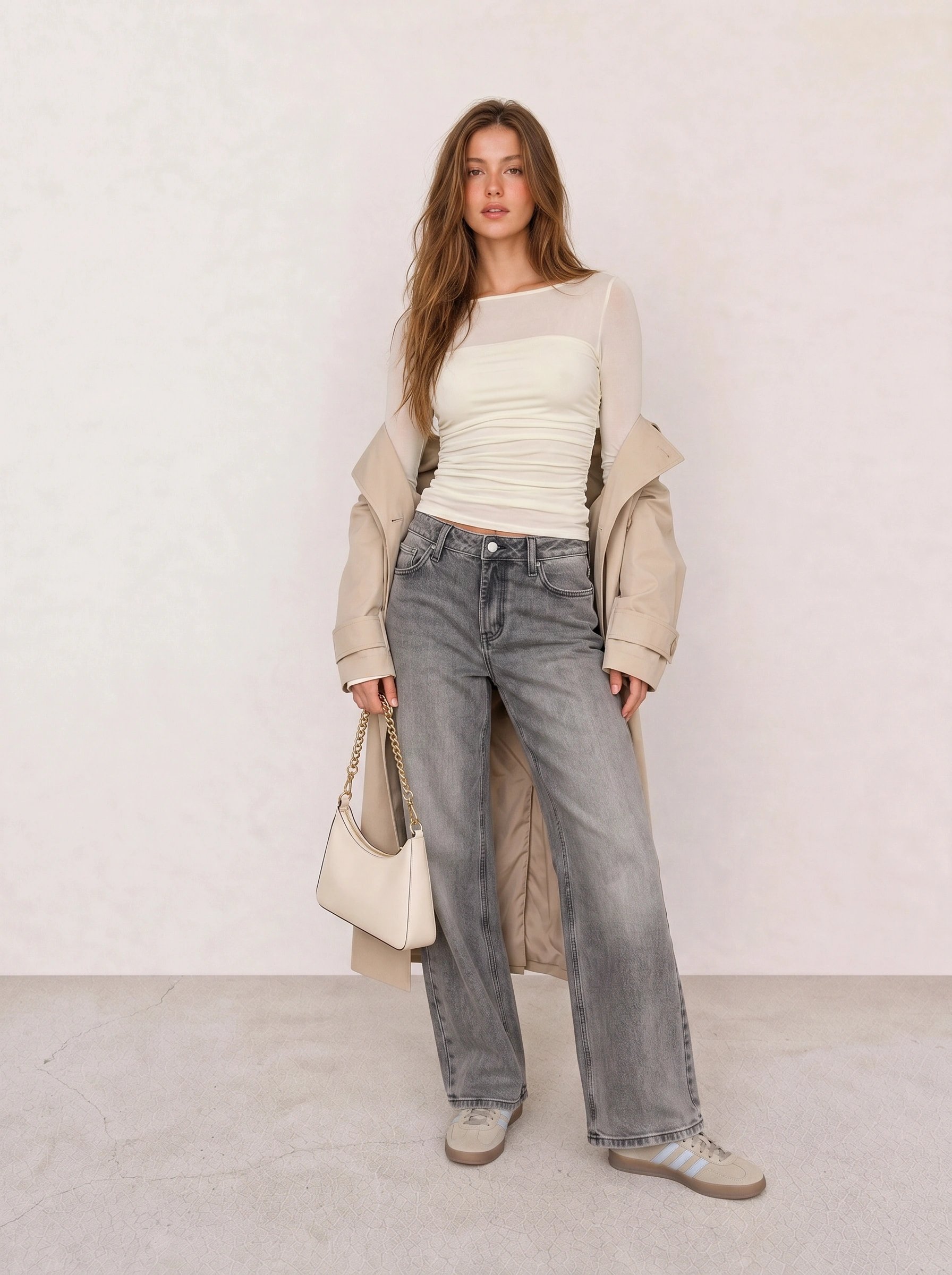 Cream Mesh-Panel Top & Grey Wide-Leg Jeans