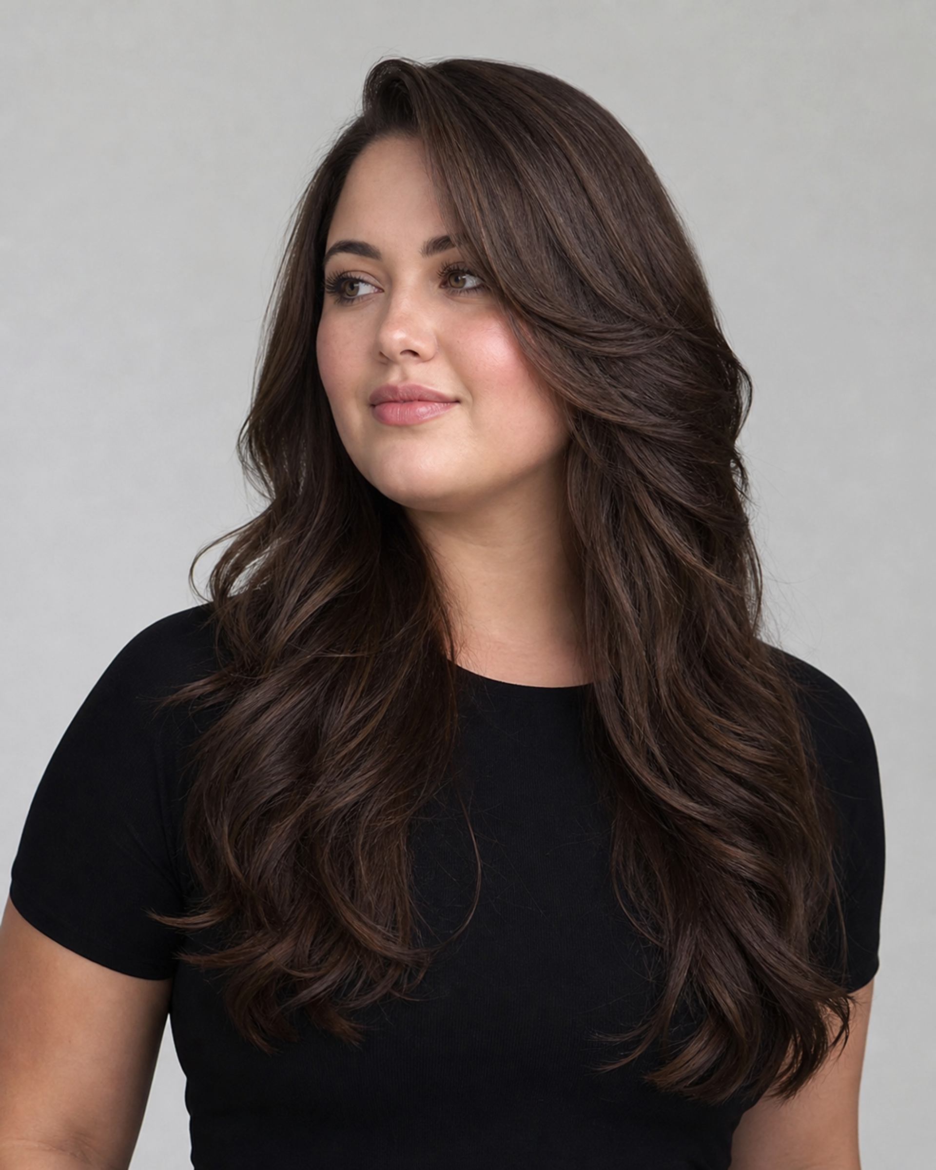 Long side-part layers with soft waves on a woman with a round face shape