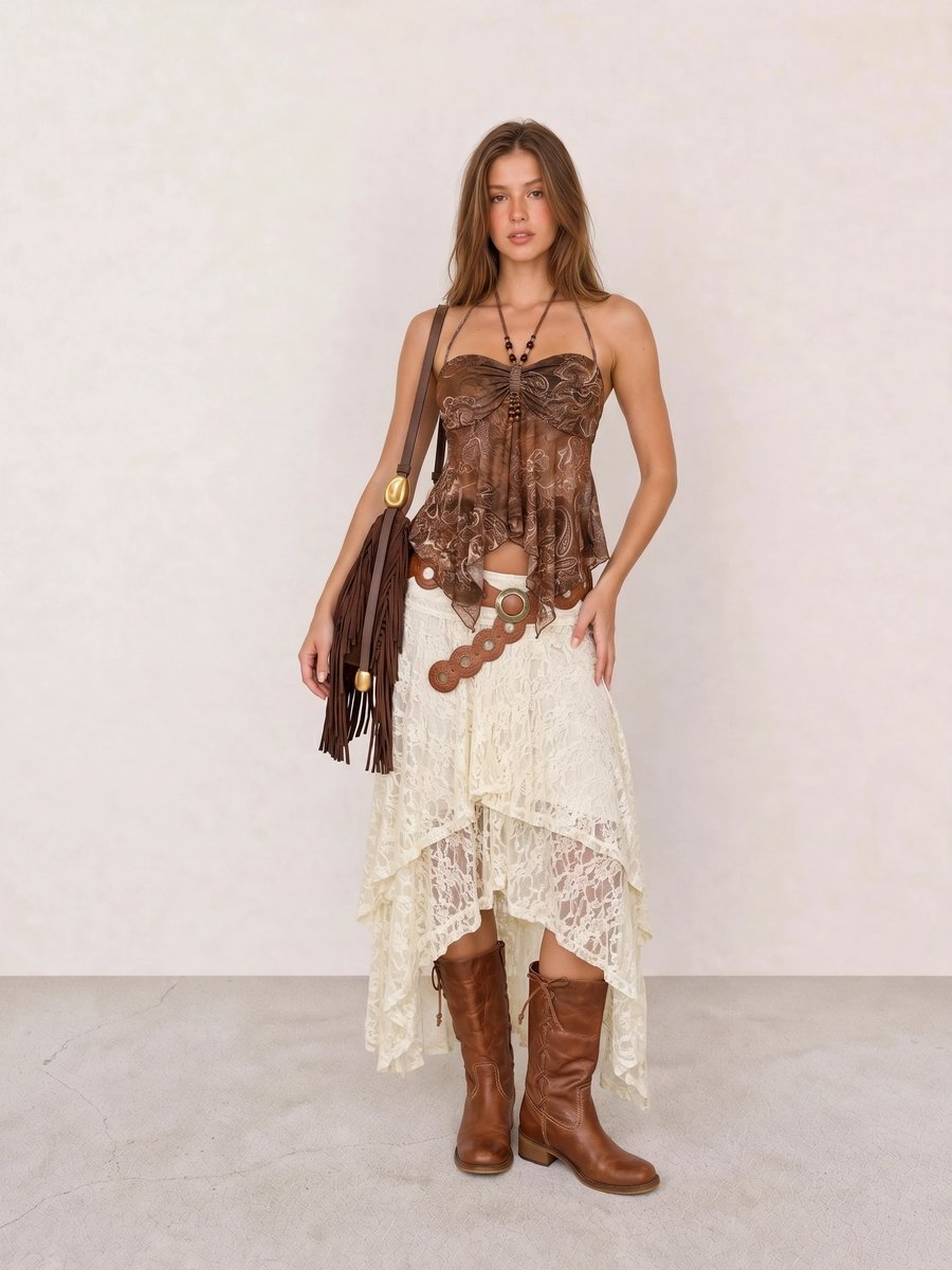 Boho outfit with a brown paisley halter top, cream lace handkerchief skirt, fringe bag, and tan boots