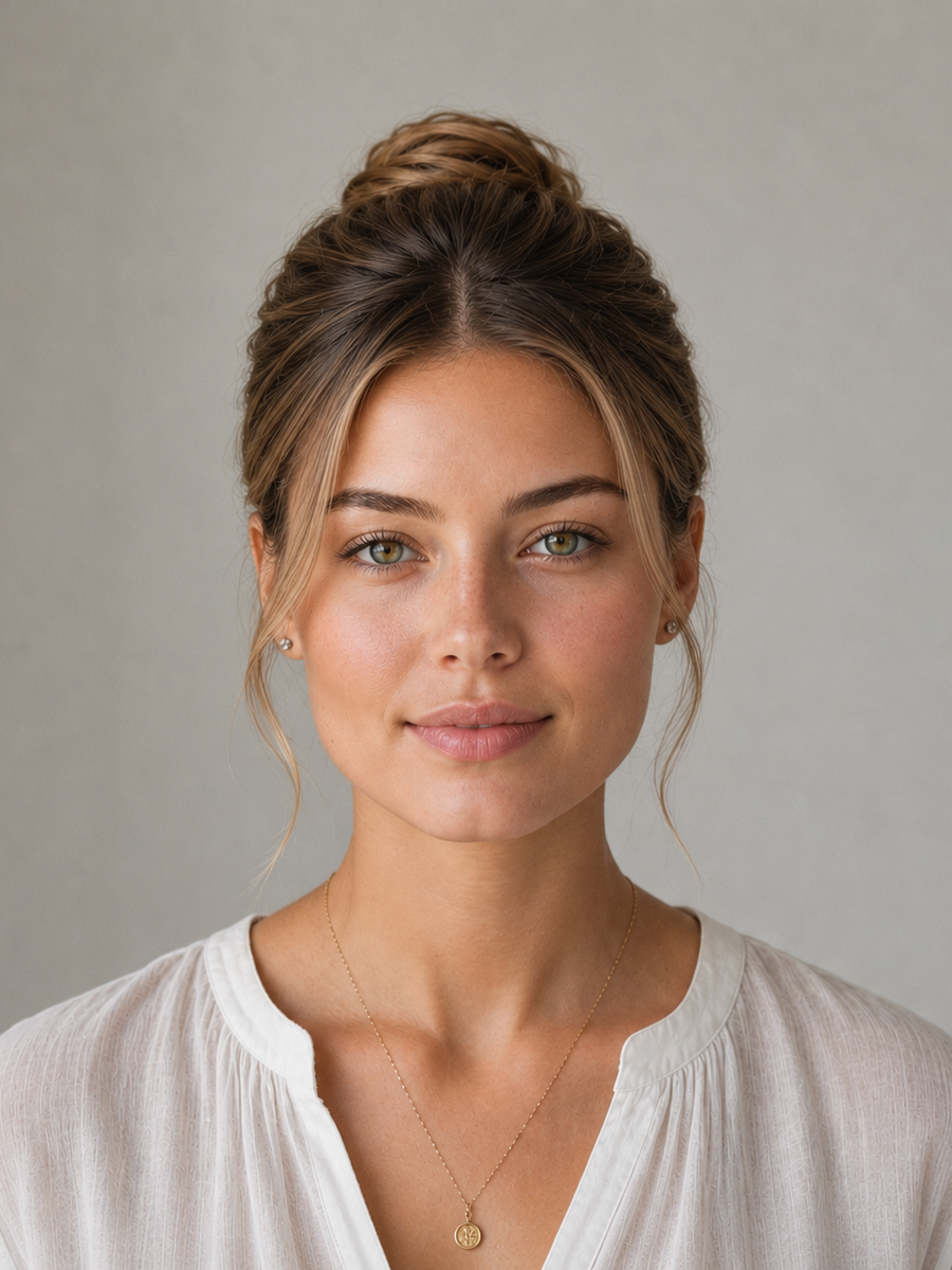 Square face shape hairstyle — Textured High Bun, front view