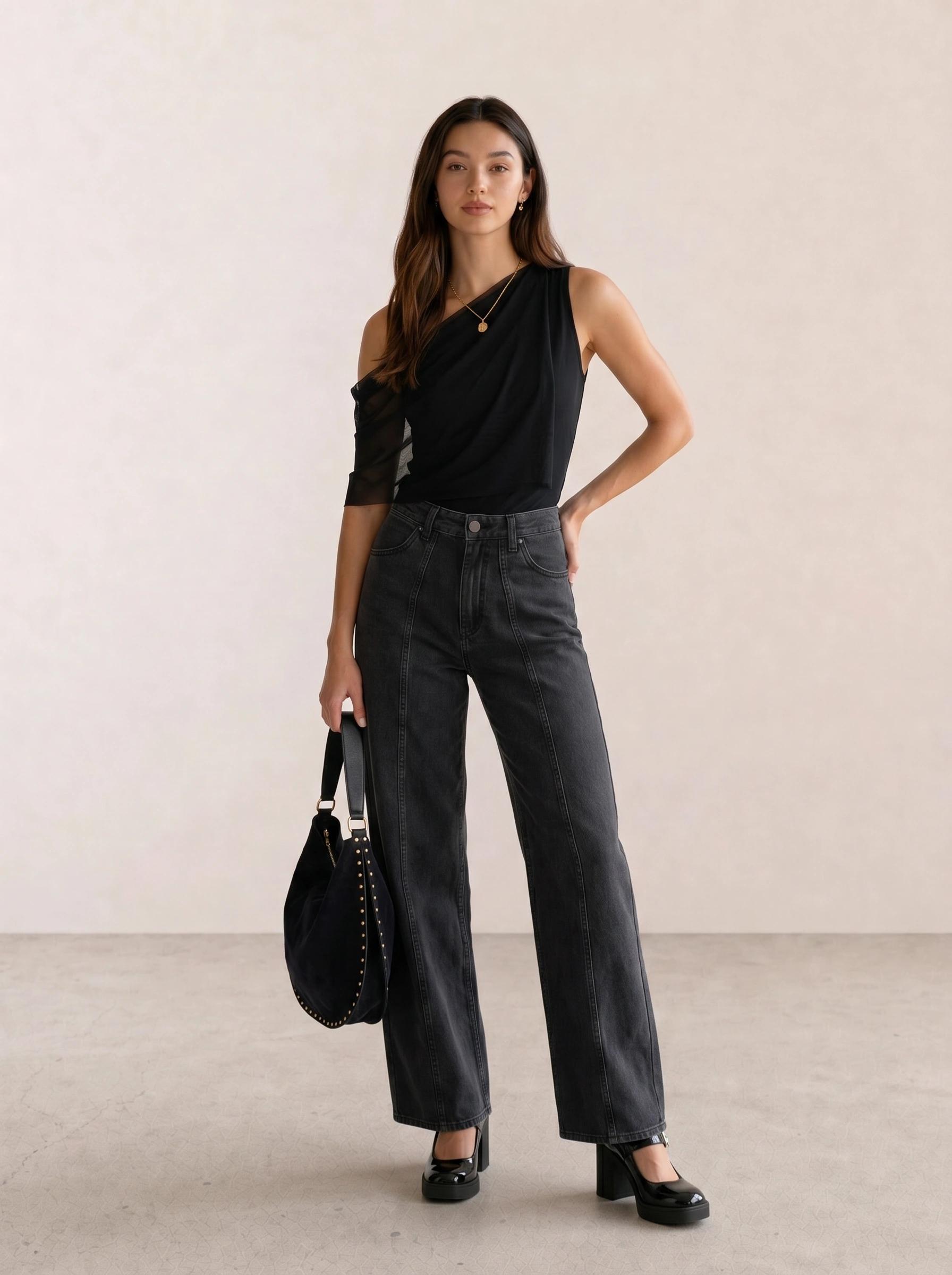 One-Shoulder Mesh Top & Wide-Leg Black Jeans