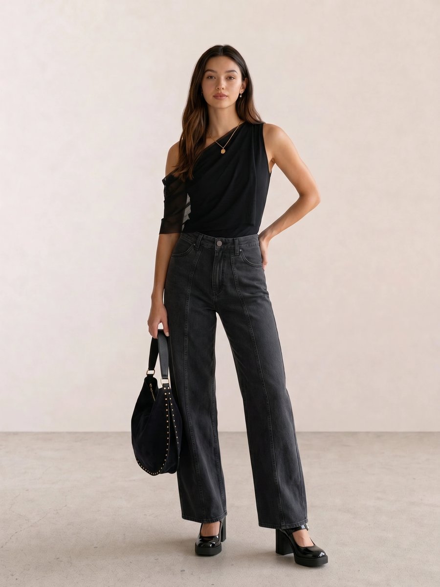 Black outfit with a one-shoulder mesh top, wide-leg black jeans, studded suede bag, and Mary Jane platform heels