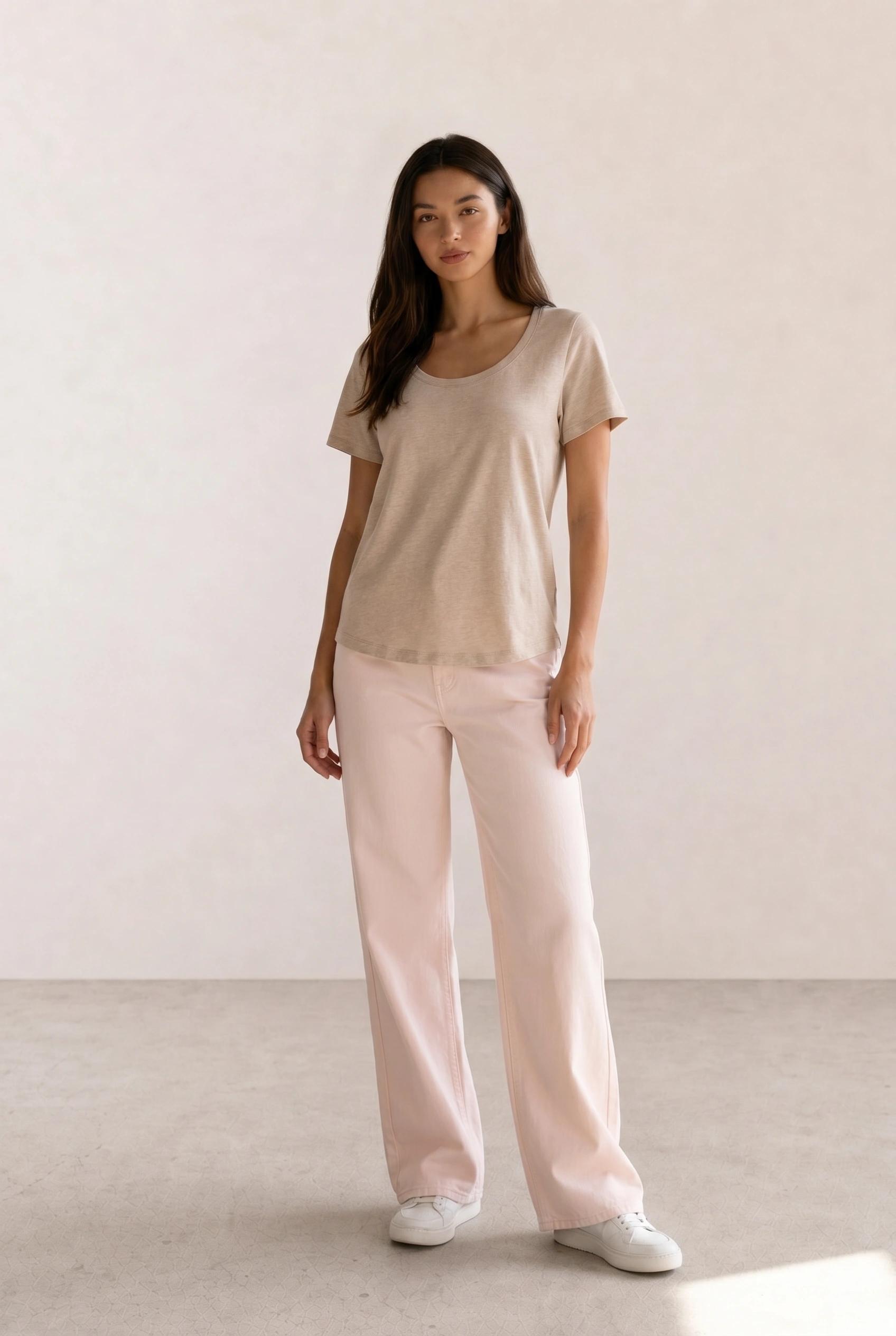 Oatmeal Scoop Tee & Pale Pink Wide-Leg Jeans