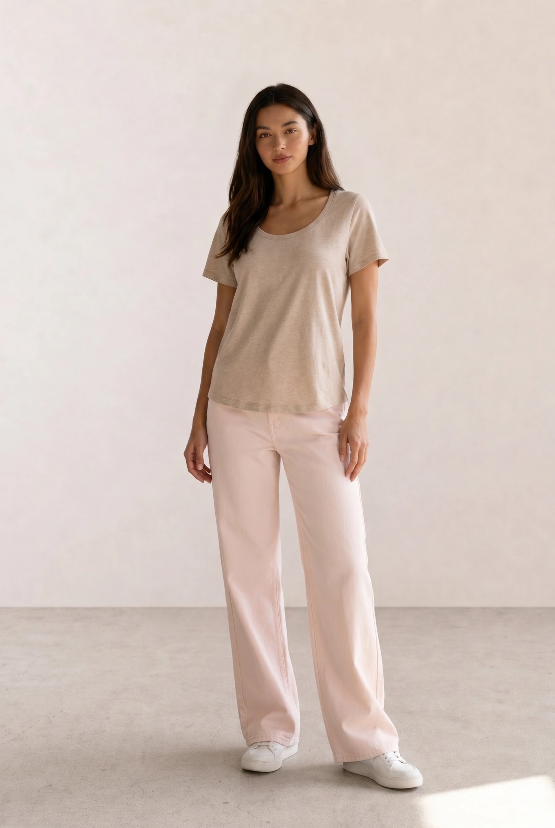 Oatmeal Scoop Tee & Pale Pink Wide-Leg Jeans